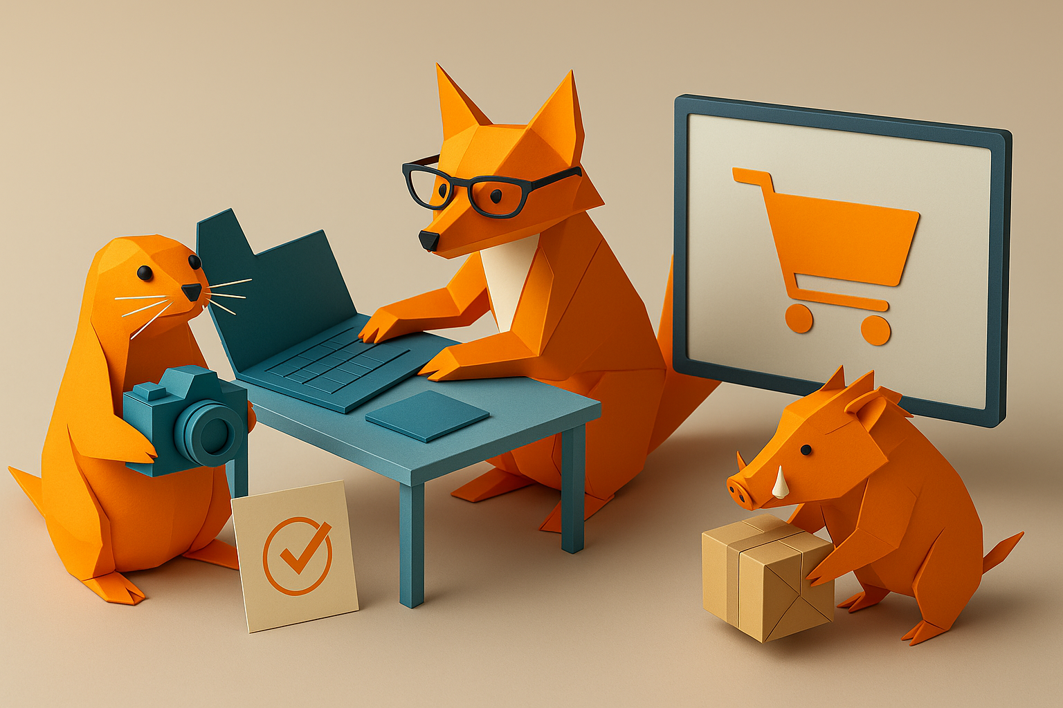 trois animaux en origami orange preparent des ventes complementaires a un achat suite a une vente e-commerce