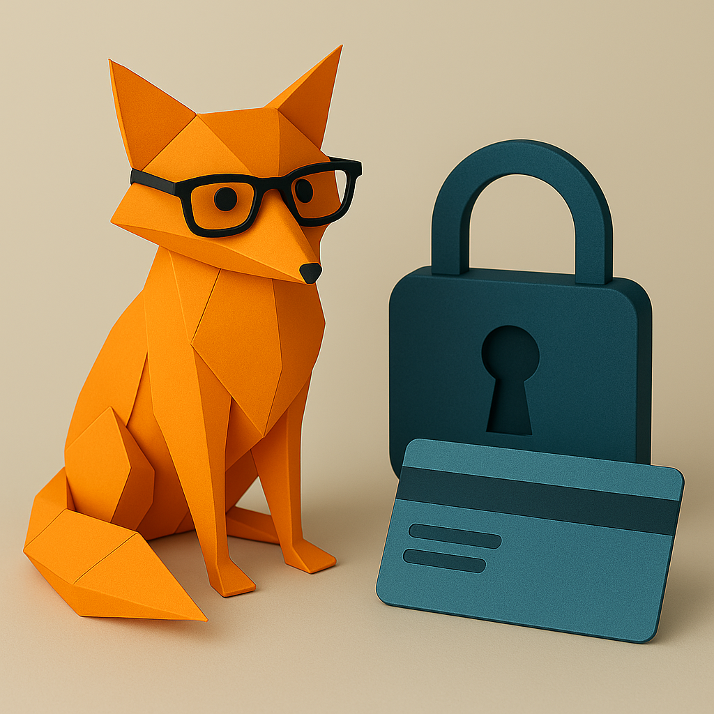 Renard en papier avec lunettes à côté d'un cadenas et d'une carte.