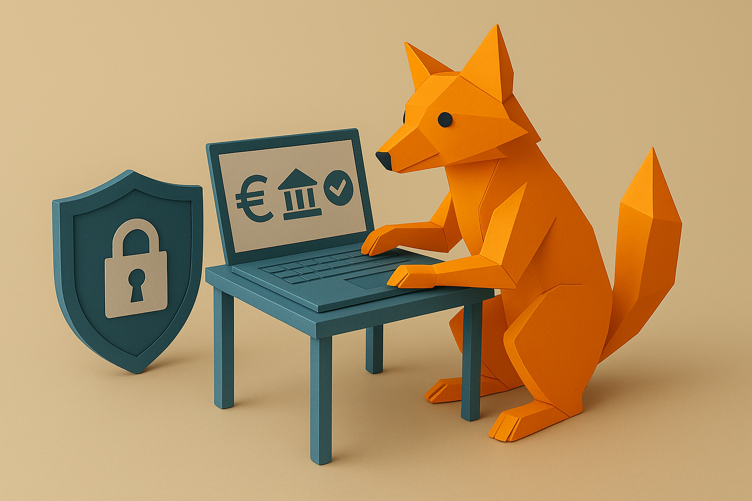 Renard en origami utilisant un ordinateur avec un bouclier de sécurité à côté.