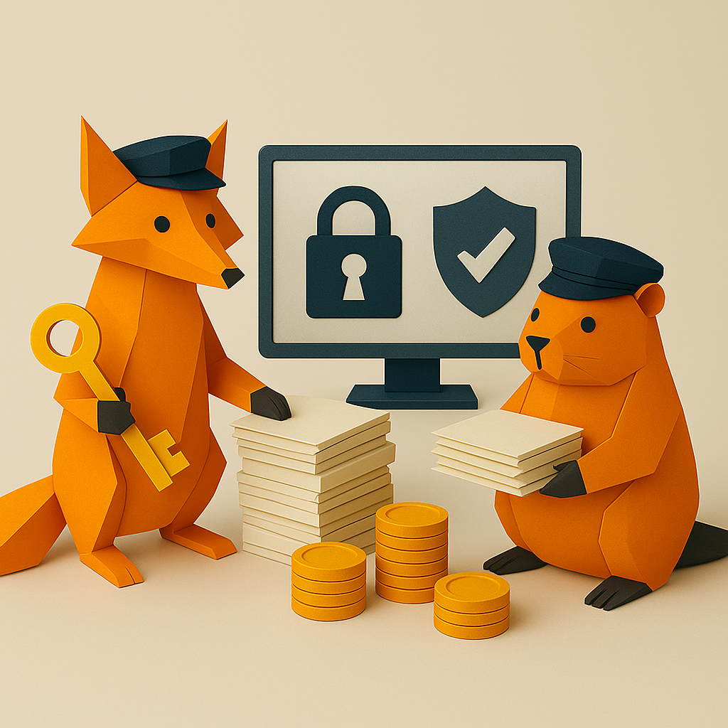 Illustration d'un renard et d'un castor avec des éléments de sécurité informatique.