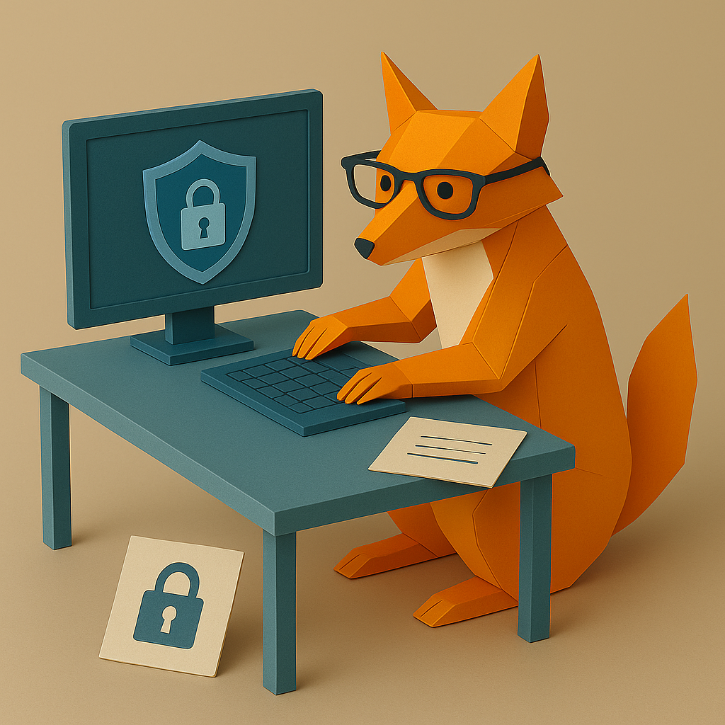 Un renard en papier devant un ordinateur avec un symbole de sécurité.