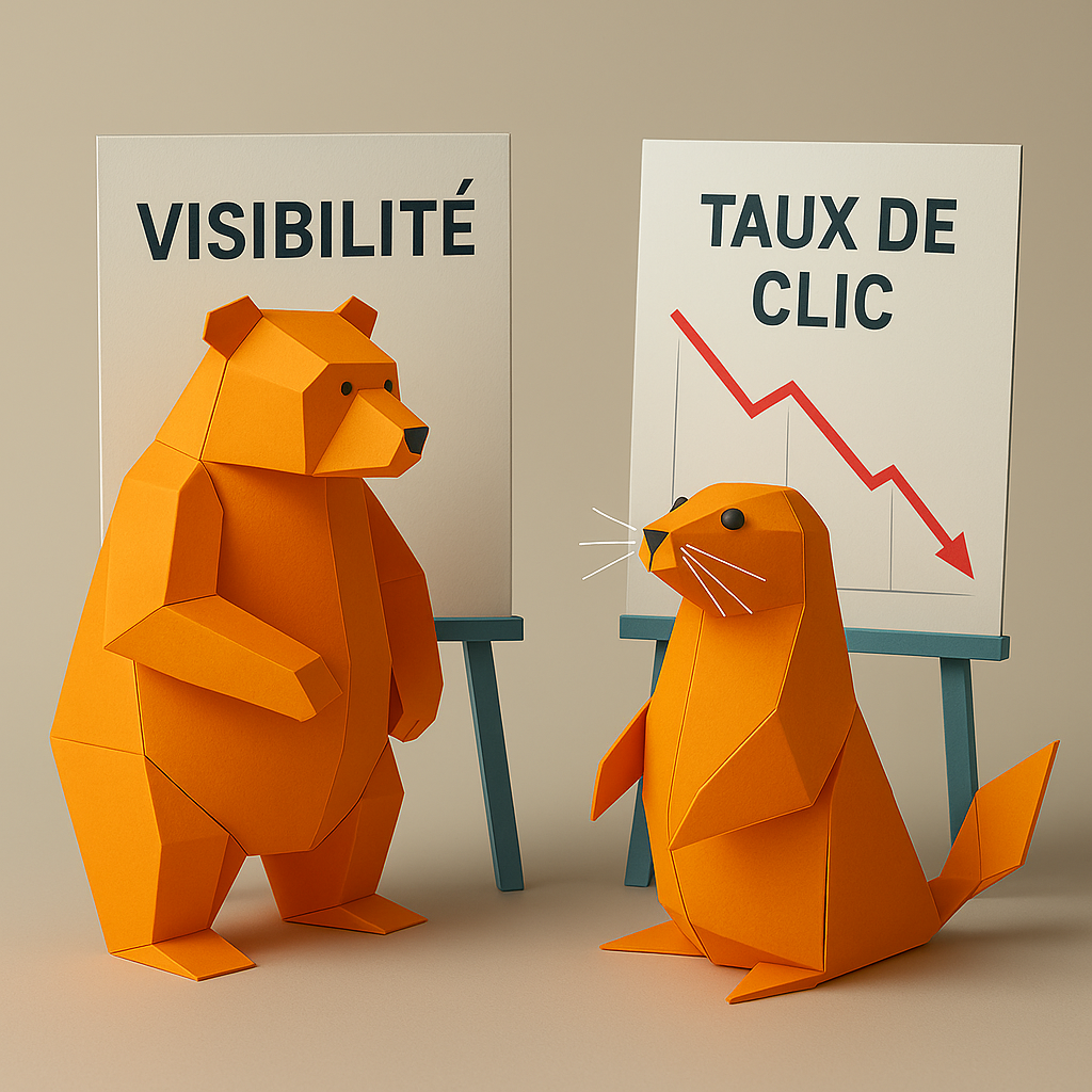 un ours en origami orange qui parle de visibilité de site web fait face à un phoque en origami orange qui constate une baisse du taux de clic