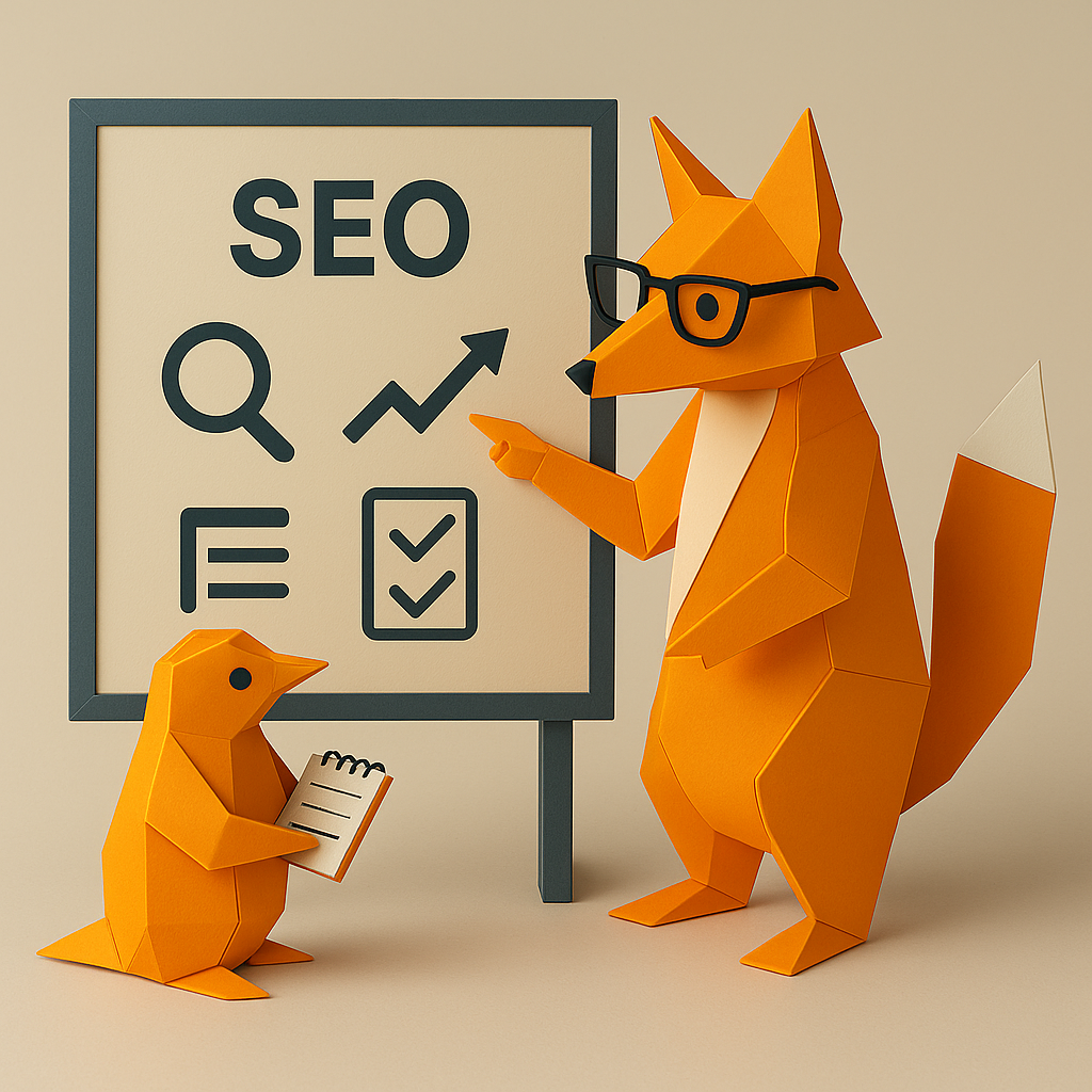 Renard en papier expliquant SEO à un oiseau devant un tableau.