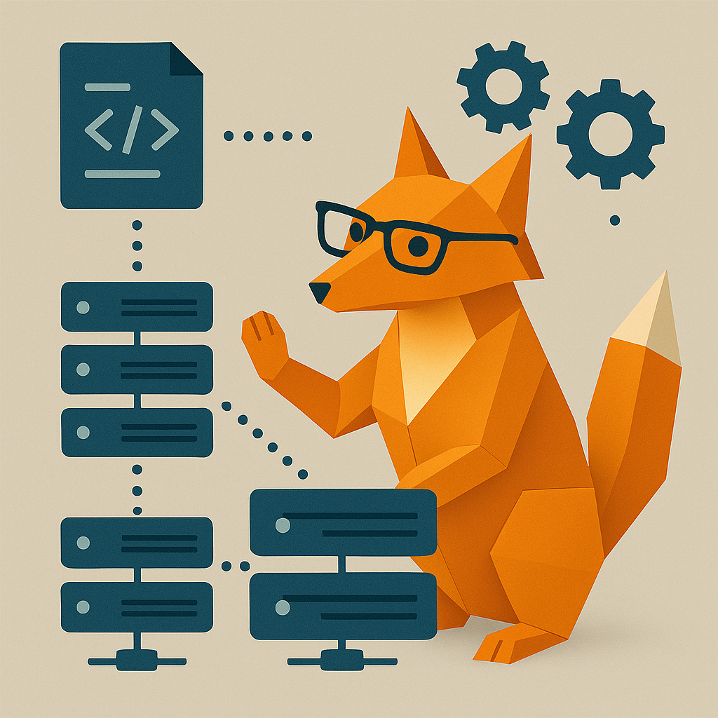 Renard avec lunettes manipulant des icônes de serveur et de code.