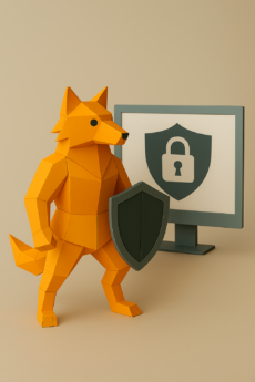 Figurine de renard en papier avec bouclier devant un écran montrant un cadenas.