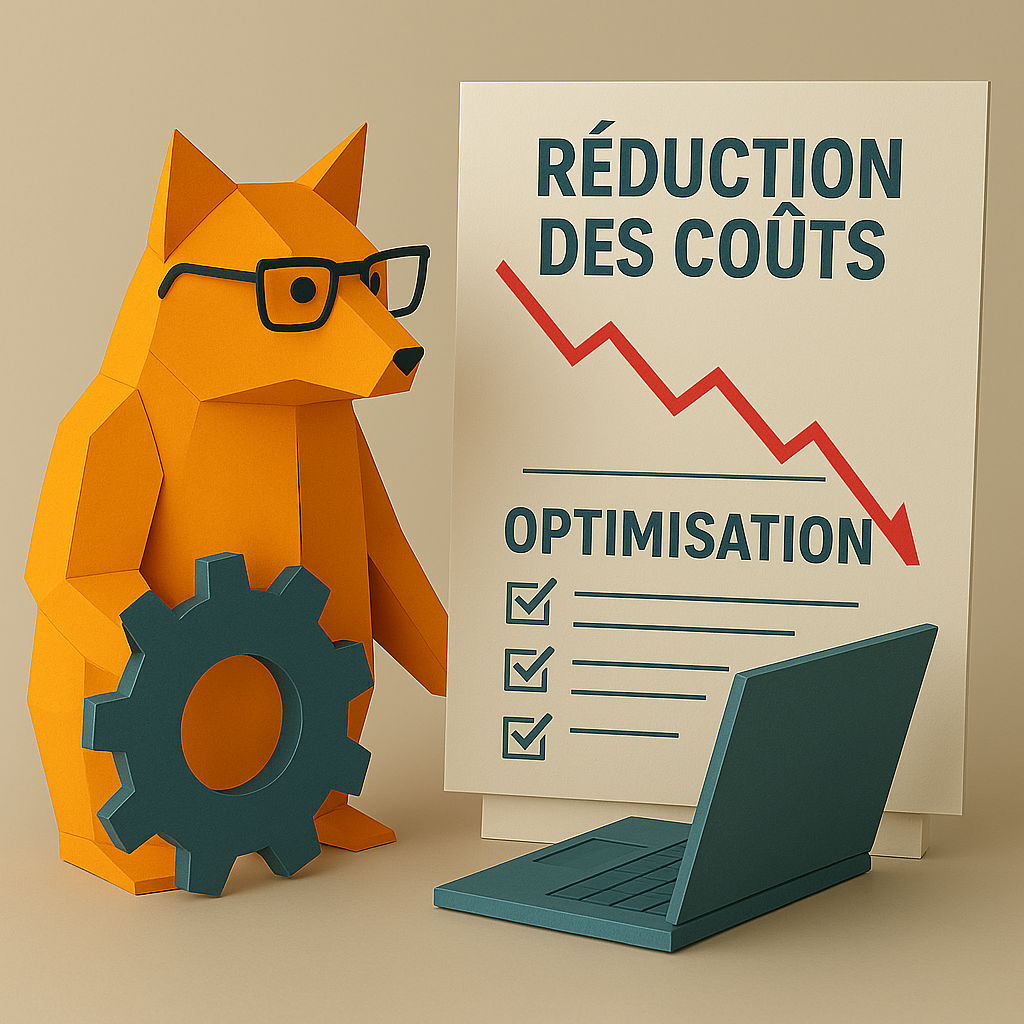 Renard en papier avec un panneau de réduction des coûts et optimisation.
