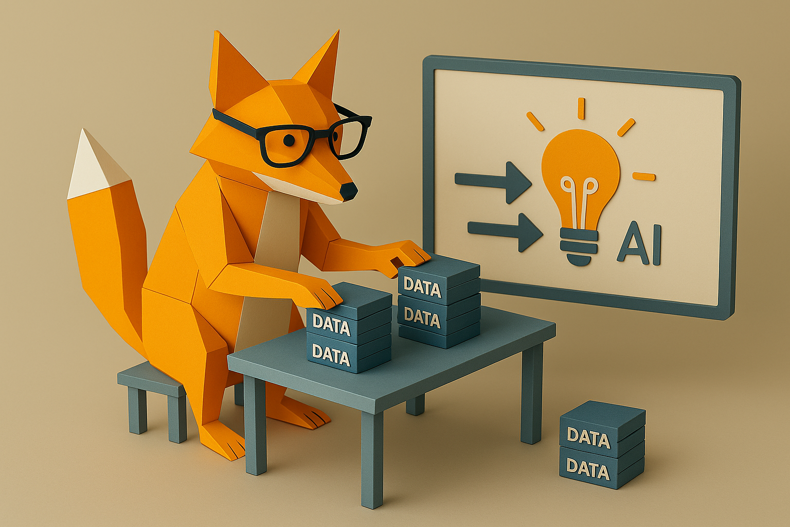 Renard en papier avec des lunettes organisant des blocs de données devant un panneau d'IA.