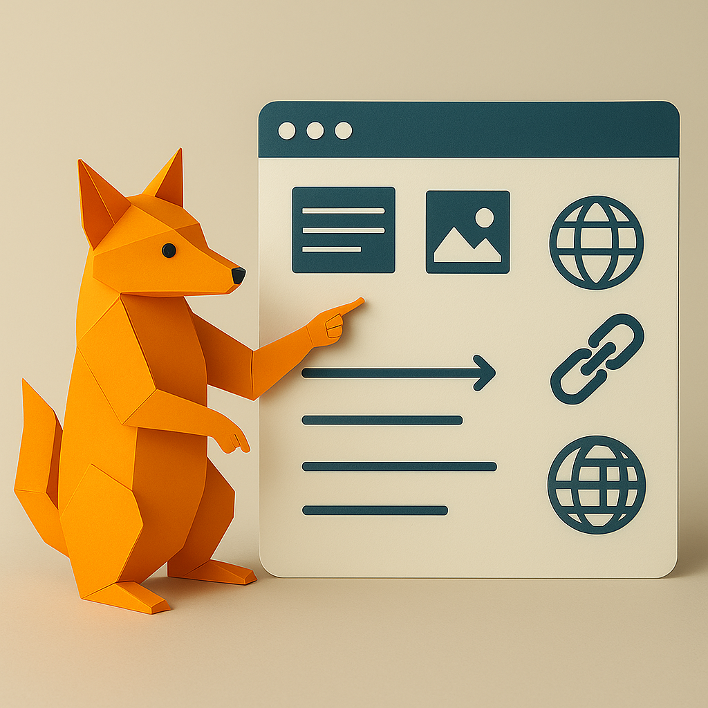 Renard en origami pointant vers un tableau de concepts SEO avec icônes.