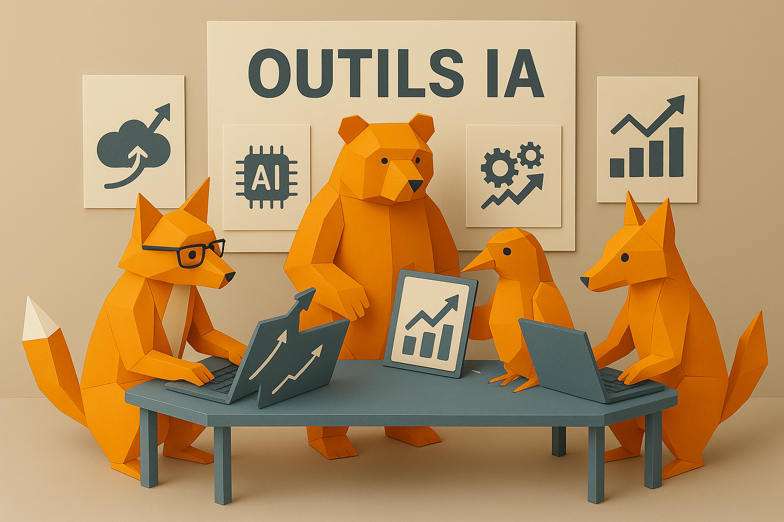 animaux Animaux en origami utilisant des ordinateurs, représentant les outils d'intelligence artificielle.