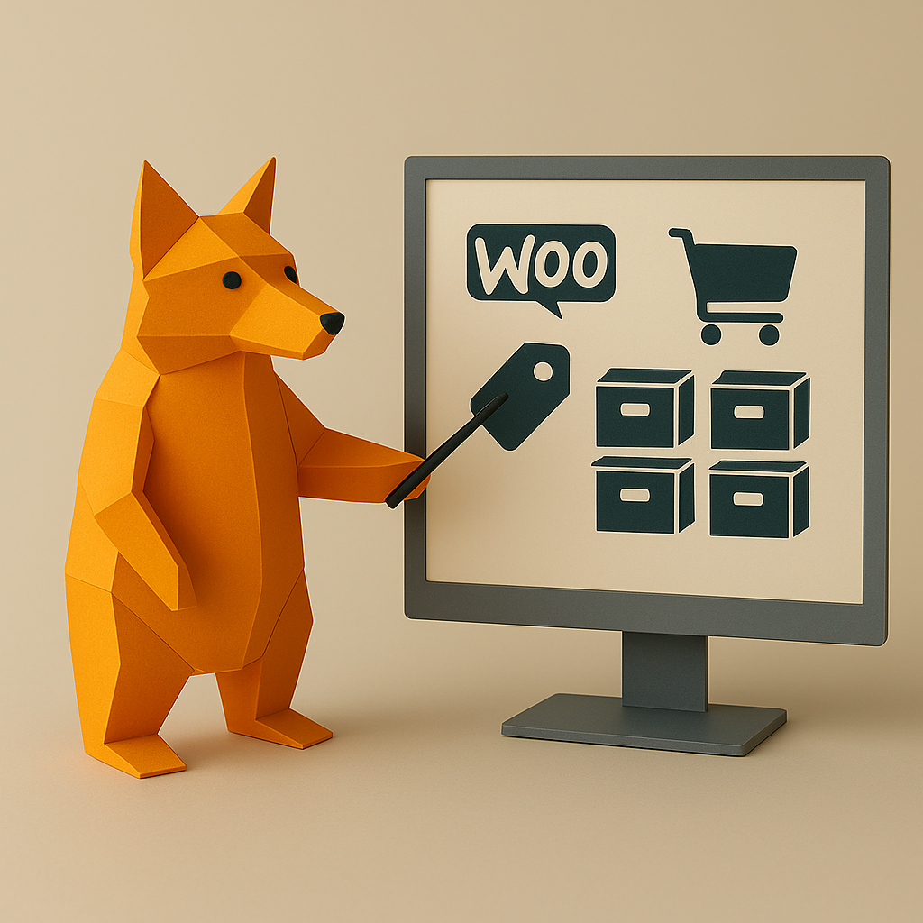 Renard en papier pointant vers un écran avec des icônes WooCommerce.