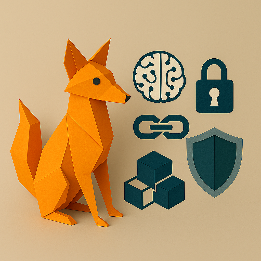 Renard en origami à côté d'icônes d'une cervelle, d'un verrou, d'une chaîne, de cubes et d'un bouclier.