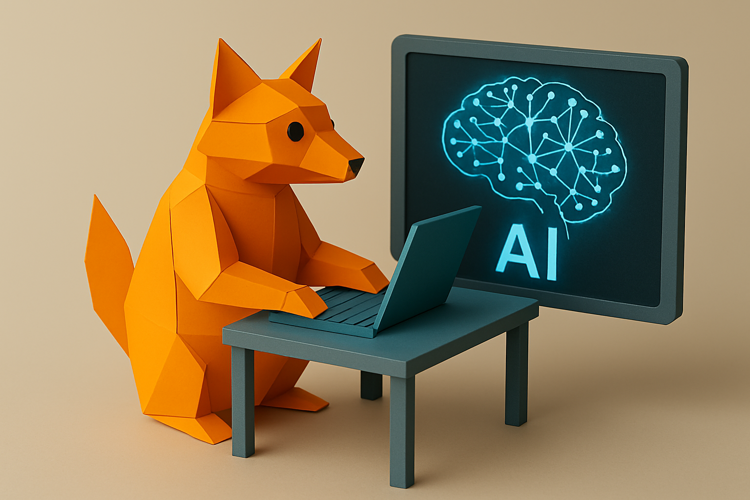 Renard en origami utilisant un ordinateur à côté d'un écran avec un cerveau numérique pour représenter l'IA.