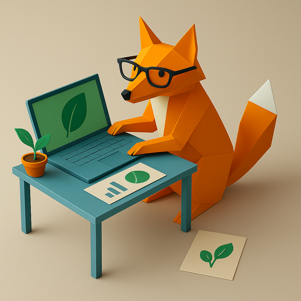 Renard en papier avec lunettes utilisant un ordinateur portable avec une image de feuille sur l'écran, à côté d'une petite plante.