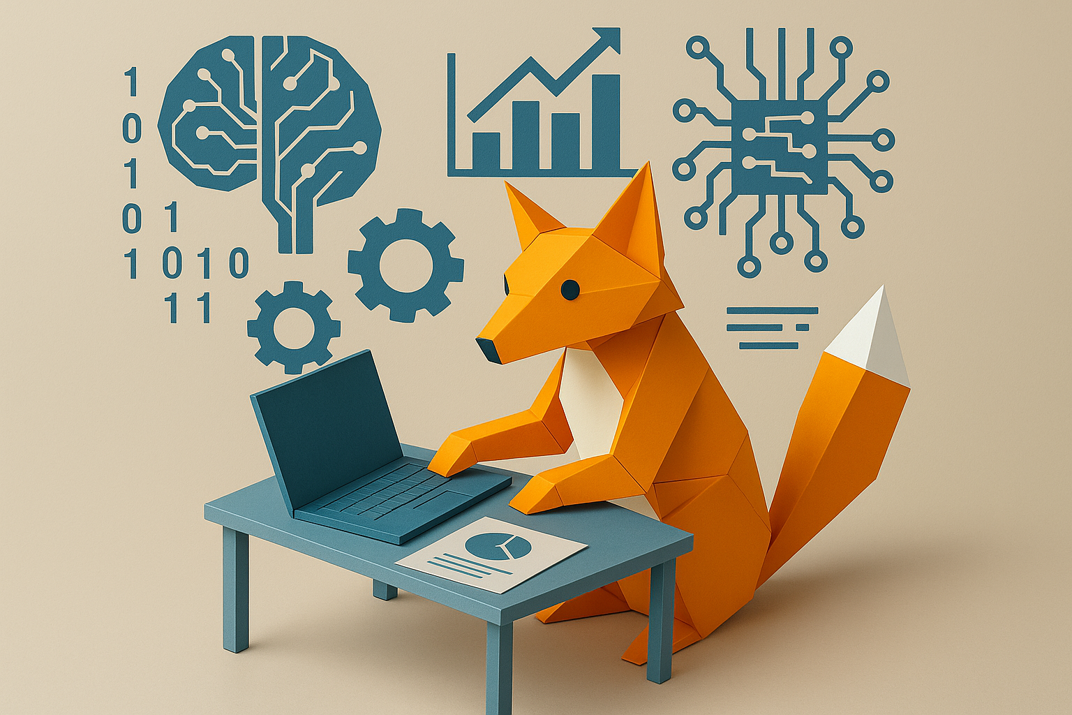 Renard en origami travaillant sur un ordinateur avec des icônes d'intelligence artificielle et statistiques en arrière-plan.