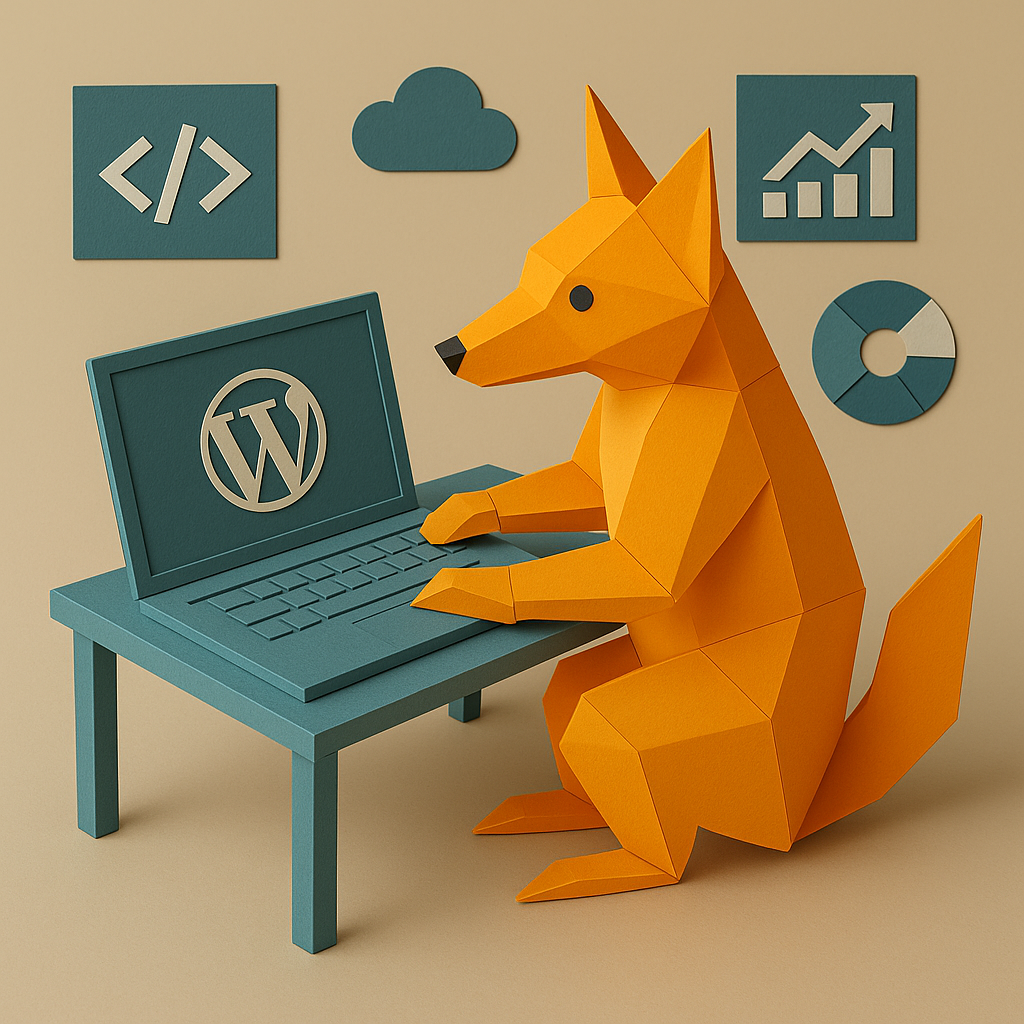 Renard en origami utilisant un ordinateur portable avec des icônes numériques.