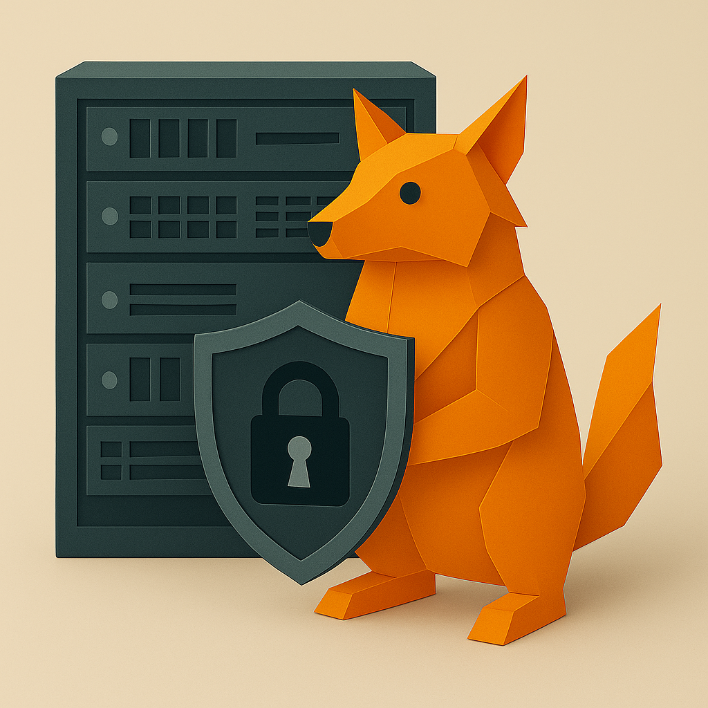 Renard en papier et bouclier devant un serveur informatique.