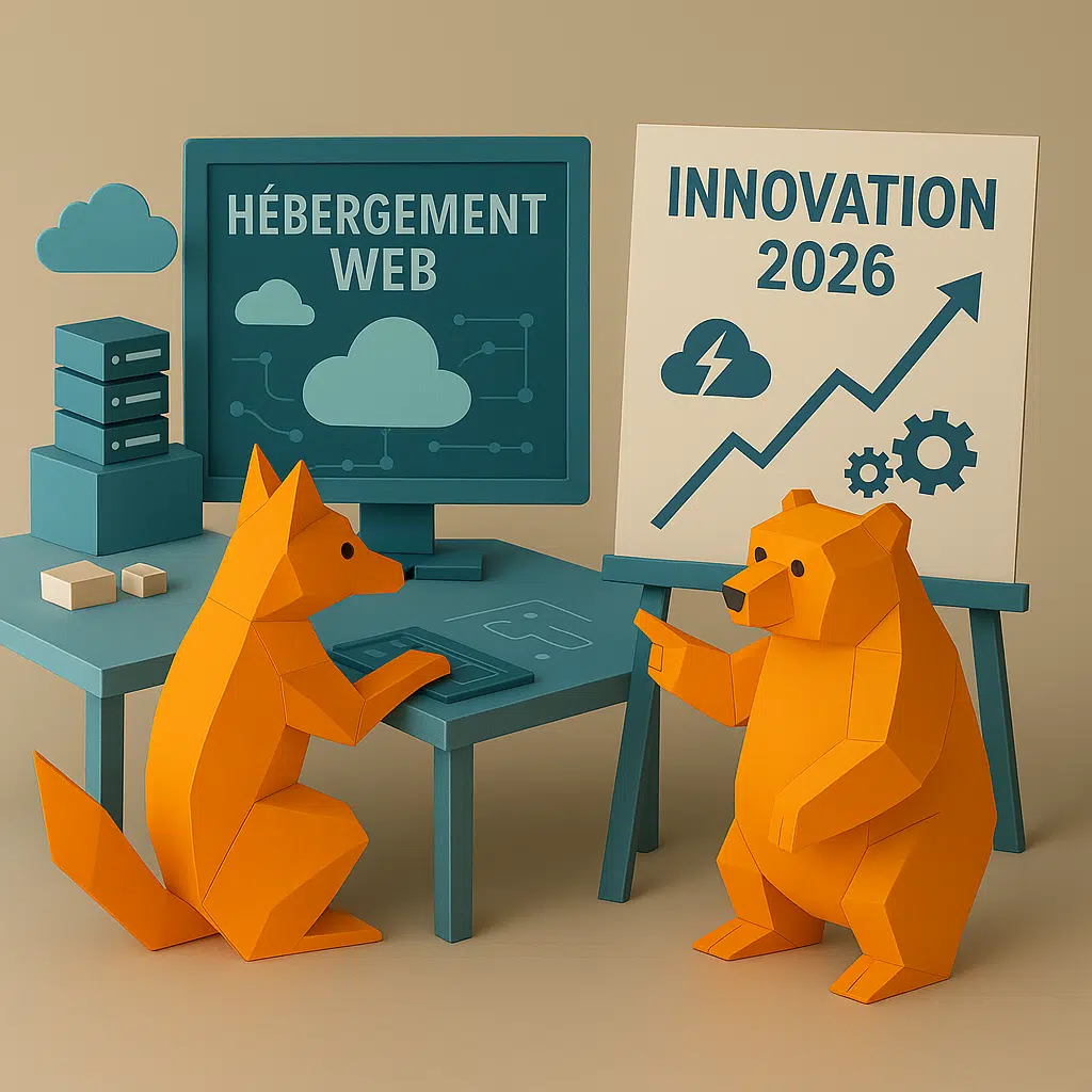 Renard et ours en origami devant des affiches d'hébergement web et d'innovation pour 2026.