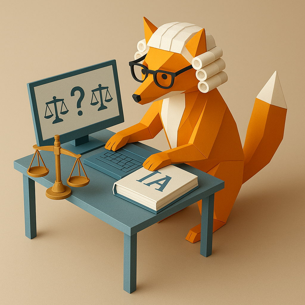 Illustration d'un renard avocat avec une perruque, utilisant un ordinateur, symbolisant l'IA et la justice.