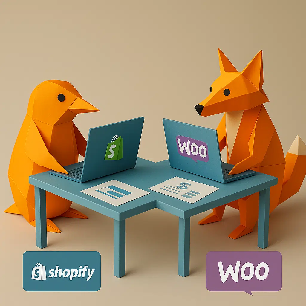 Deux animaux en origami utilisant des ordinateurs portables avec les logos Shopify et WooCommerce.