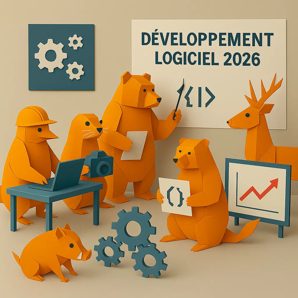 Animaux représentant des développeurs logiciels avec des ordinateurs, des outils de programmation et des graphiques.
