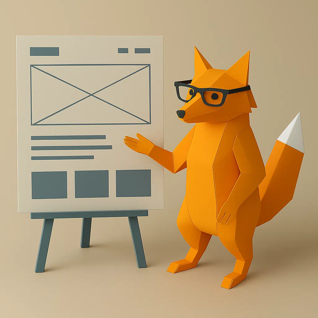 Renard en papier montrant un schéma de site web sur un tableau blanc.