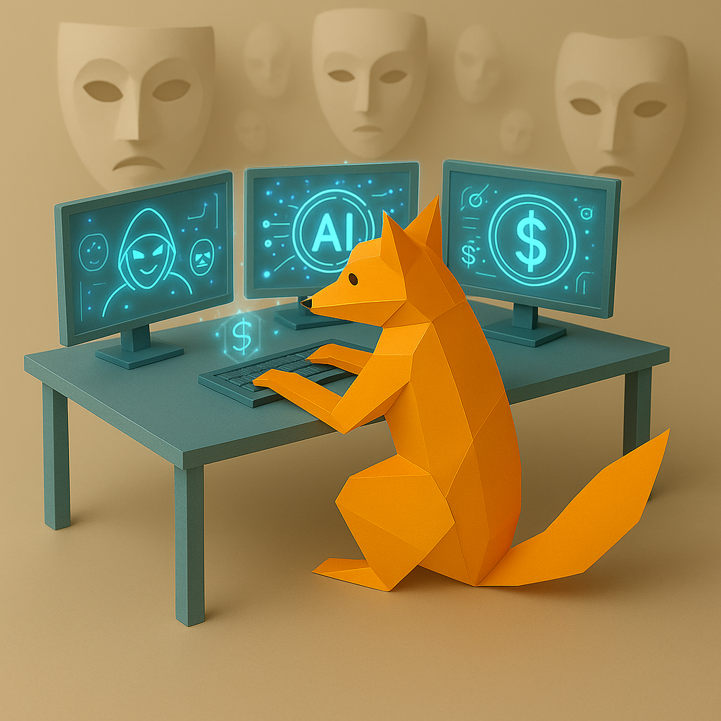 Renard en papier devant trois écrans montrant des icônes liées à l'IA et à la fraude.