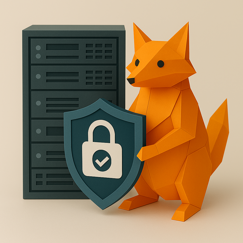 Sculpture en papier d'un renard avec un bouclier de sécurité devant un serveur.