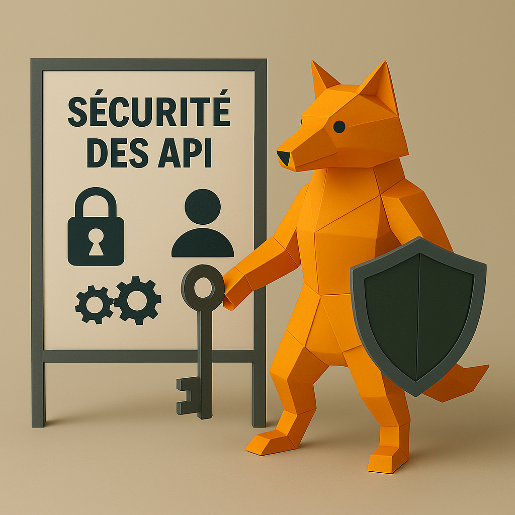 Illustration d'un personnage en papier avec un bouclier et une clé devant une affiche sur la sécurité des API.