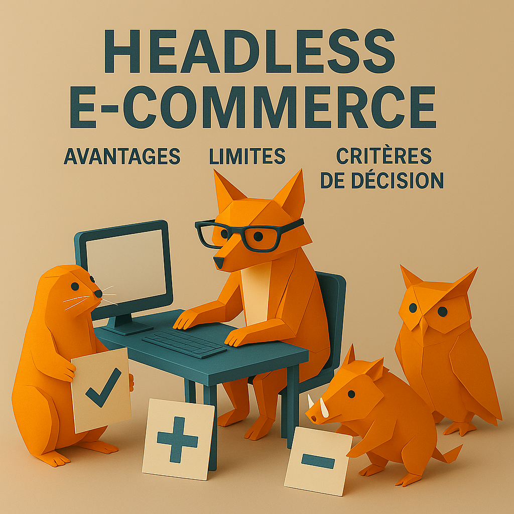 Animaux stylisés discutant du e-commerce sans tête autour d'un bureau avec un ordinateur.