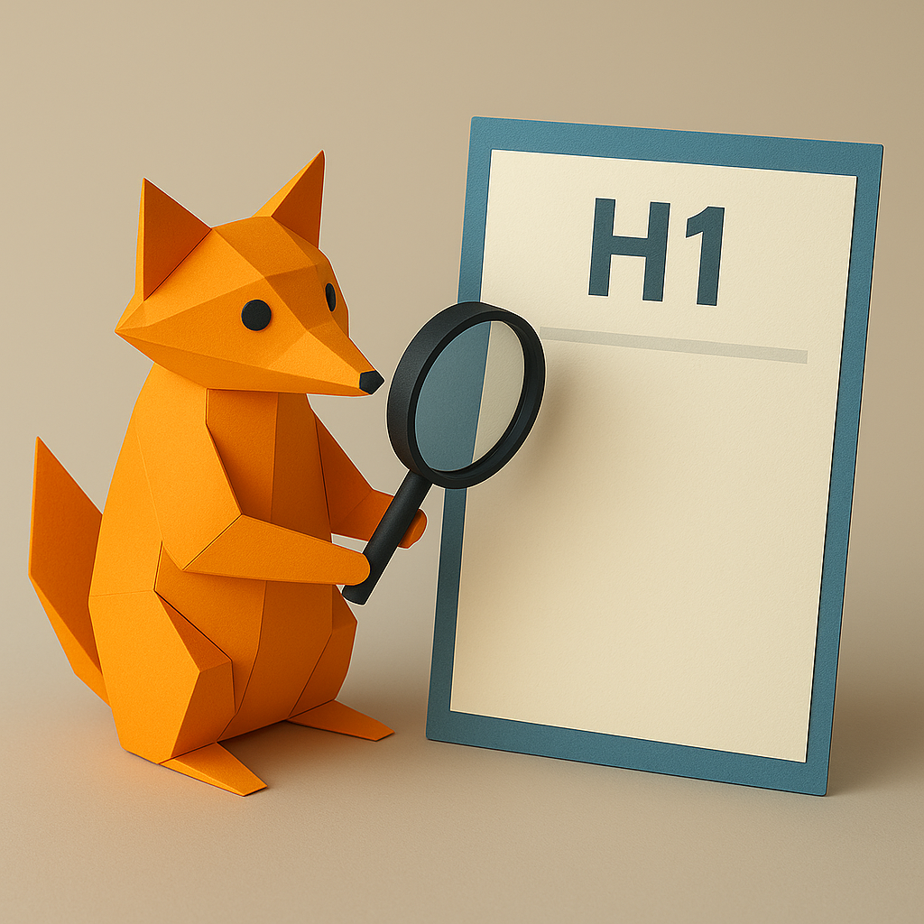 Un renard en papier observe un panneau H1 avec une loupe.