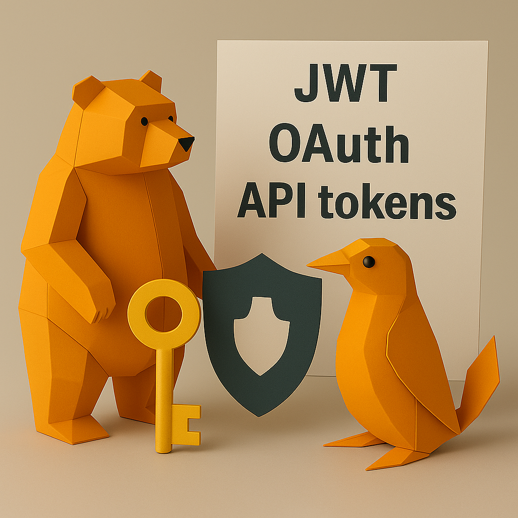 Animaux en papier avec une clé et un bouclier, accompagnés d'un panneau indiquant JWT, OAuth, API tokens.