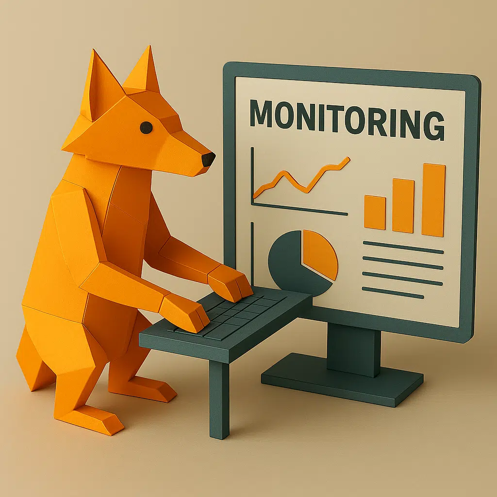 Renard en papier devant un écran d'ordinateur avec des graphiques de surveillance.