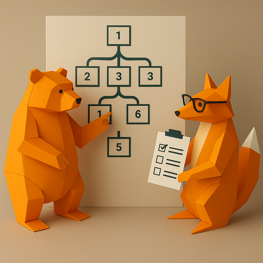 Animaux en papier devant un schéma d'arborescence de site.