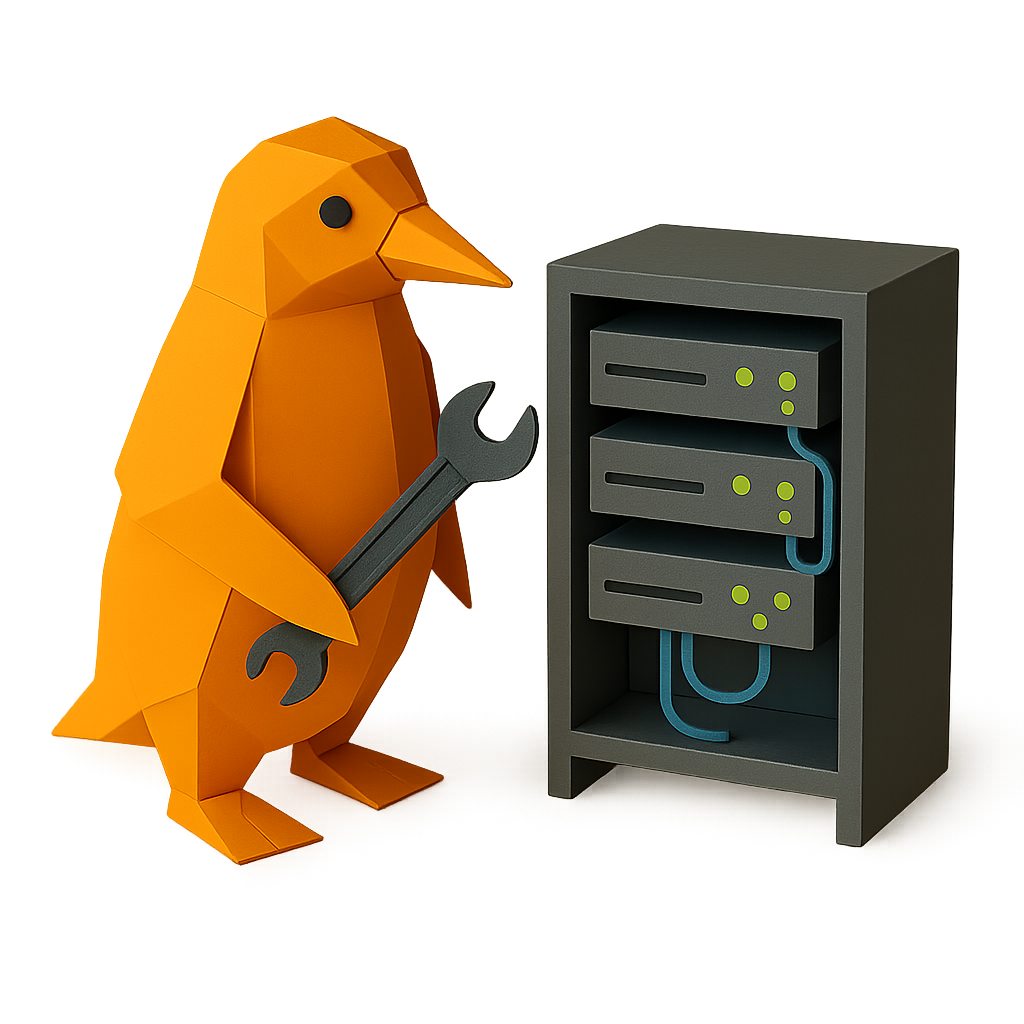 Pingouin en origami tenant une clé à molette devant un rack de serveurs.