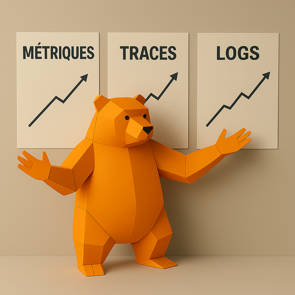 Ours en papier devant des panneaux de croissance pour métriques, traces et logs.