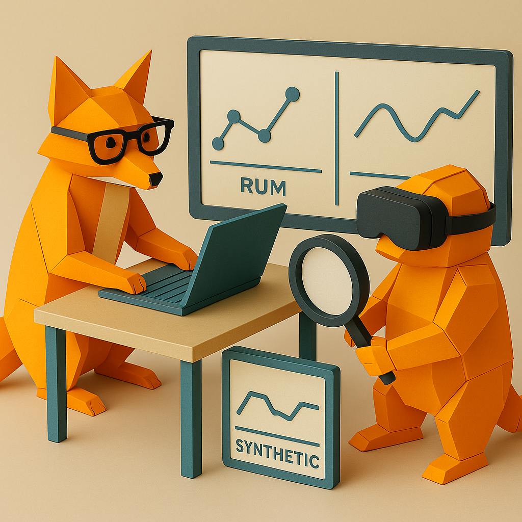 Image montrant un renard en papier utilisant un ordinateur et un ours avec une loupe et des lunettes de réalité virtuelle, observant des graphiques RUM et synthétiques.