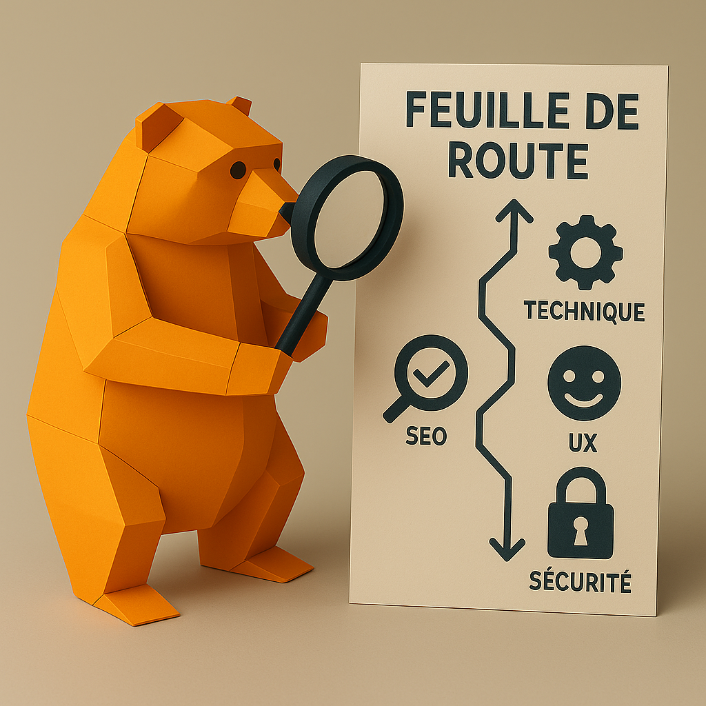 Ours en carton étudiant une feuille de route de site web avec une loupe, montrant SEO, technique, UX, et sécurité.