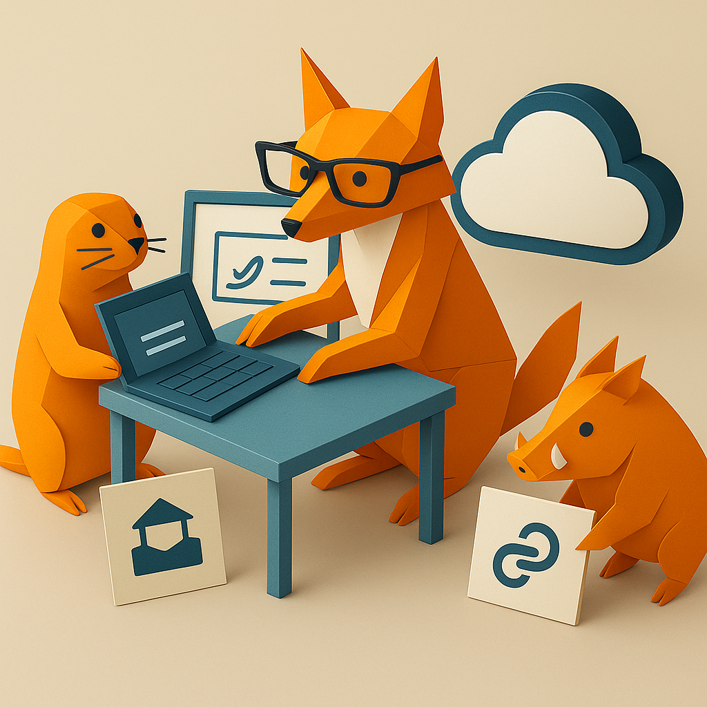 Des animaux en origami collaborent sur un ordinateur portable, avec une icône de nuage en arrière-plan.