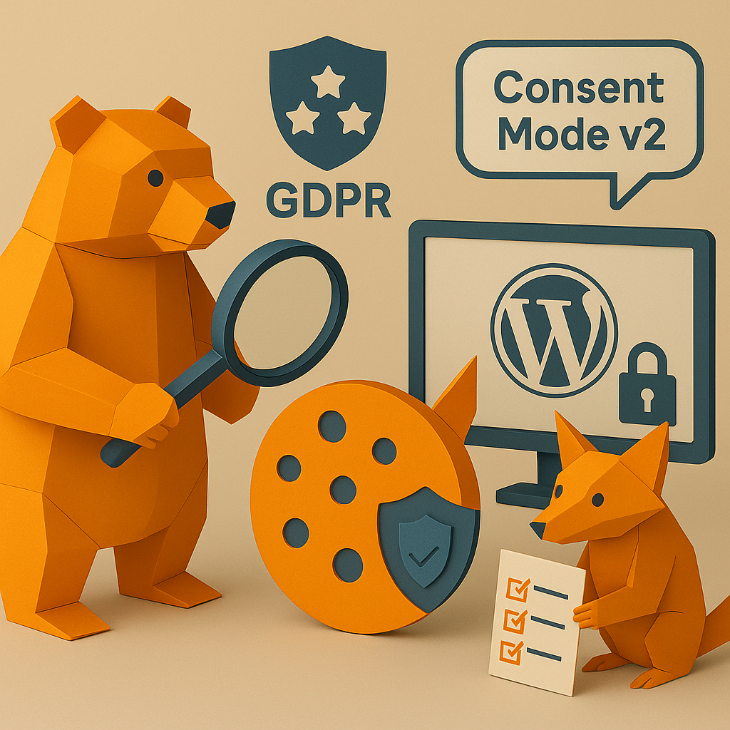 Ours et renard en papier analysant la conformité GDPR des cookies WordPress avec un écran affichant le logo WordPress.