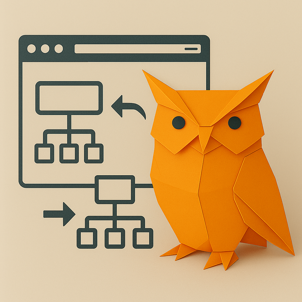 Hibou en origami orange avec un schéma de structure de site web.