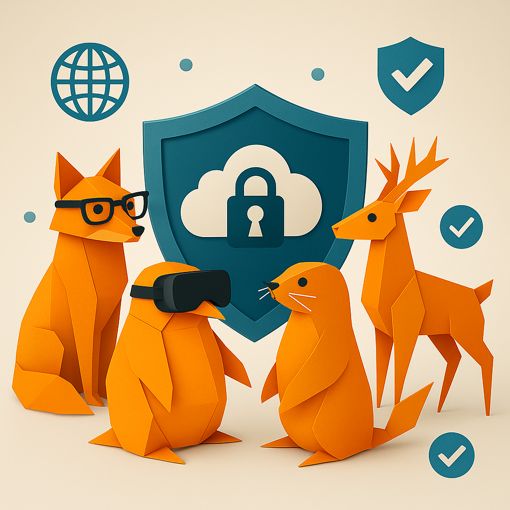 Animaux en origami devant un symbole de sécurité cloud.