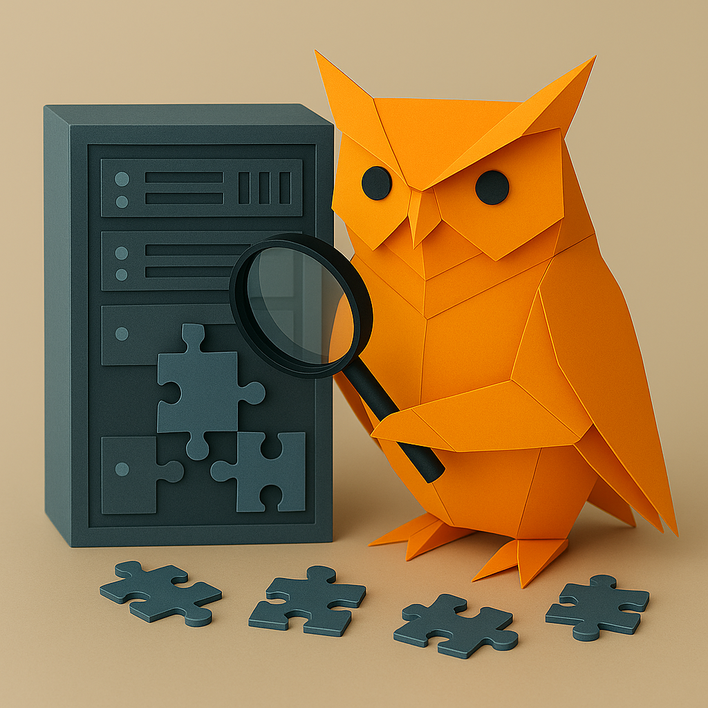 Hibou en origami analysant un serveur avec des pièces de puzzle.