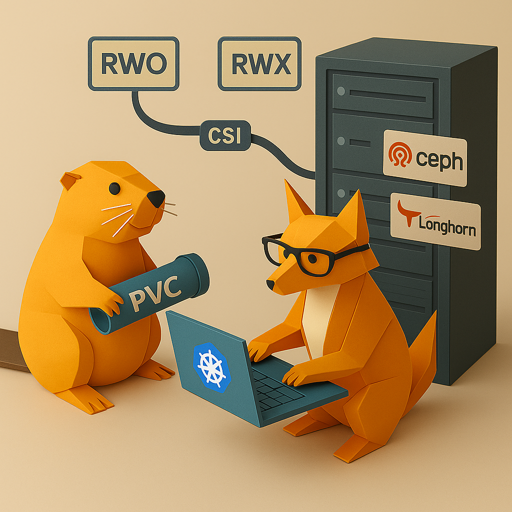 Des personnages en papier représentent un castor et un renard travaillant sur des solutions de stockage Kubernetes avec des serveurs et des technologies de stockage en arrière-plan.