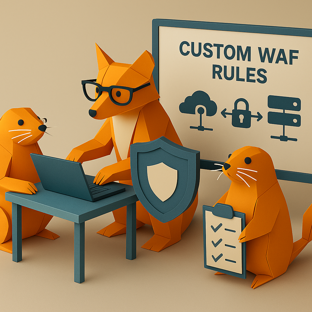 Animaux en papier travaillant ensemble sur des règles de sécurité WAF personnalisées.