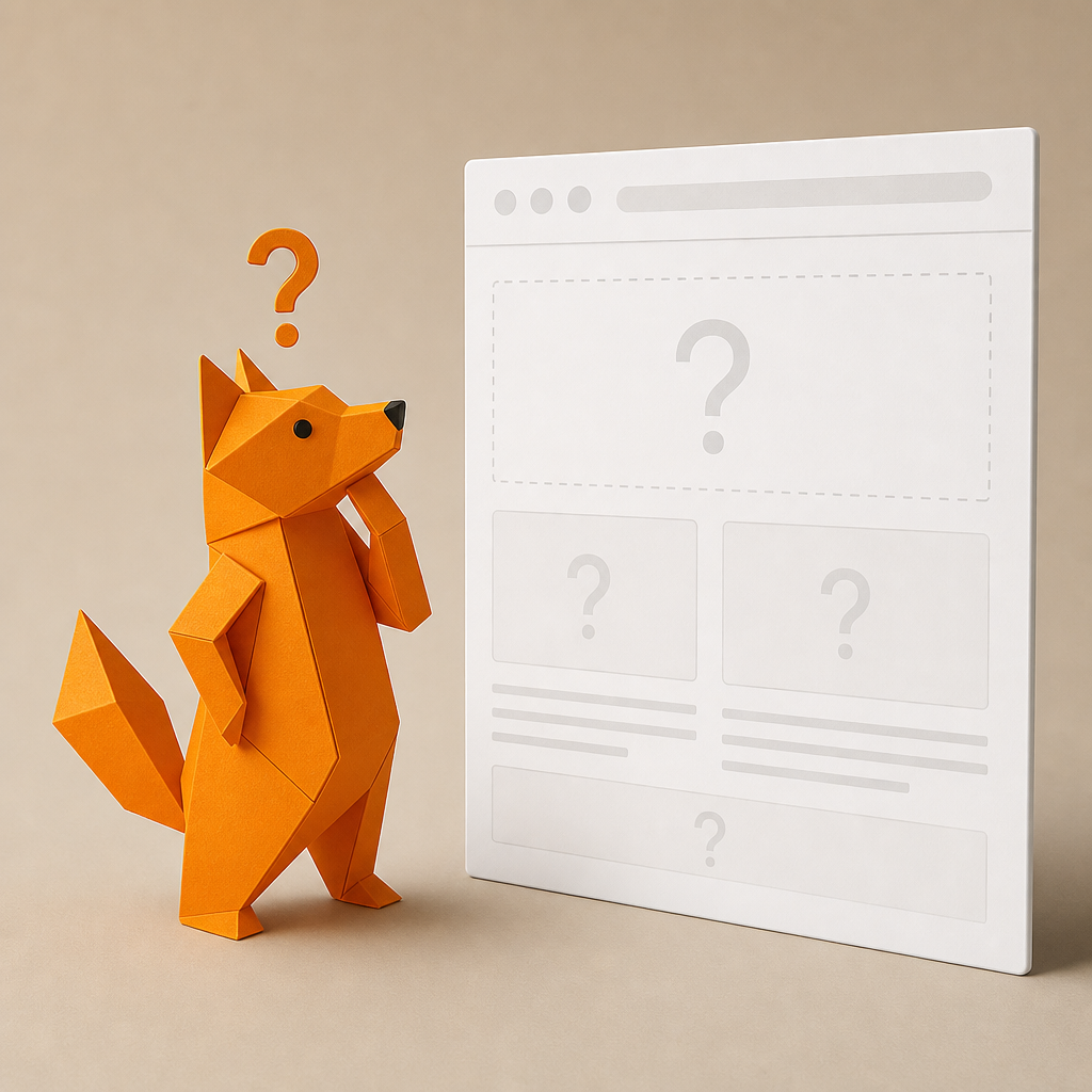 Renard en origami devant une page web vide avec des points d'interrogation.