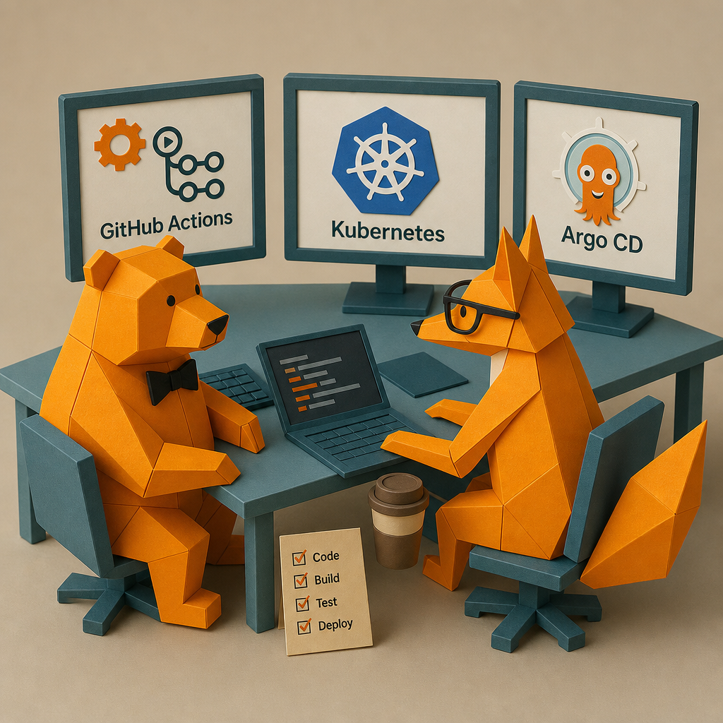 Illustration en origami d'un ours et d'un renard travaillant sur des ordinateurs avec des écrans montrant GitHub Actions, Kubernetes et Argo CD.