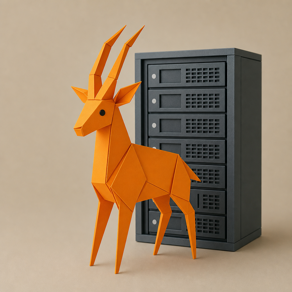 Antelope en origami orange devant un serveur informatique.