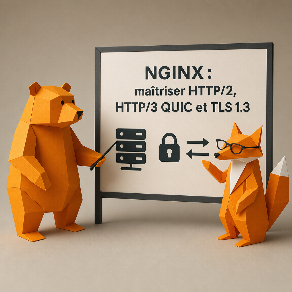 Deux animaux en papier présentent un tableau sur NGINX et ses protocoles.