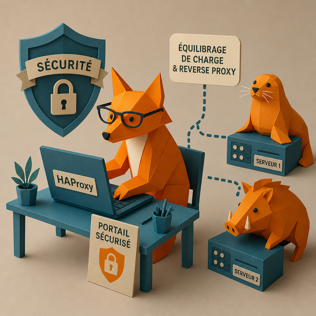 Renard en papier utilisant HAProxy pour le reverse proxy et l'équilibrage de charge, entouré d'animaux sur des serveurs.