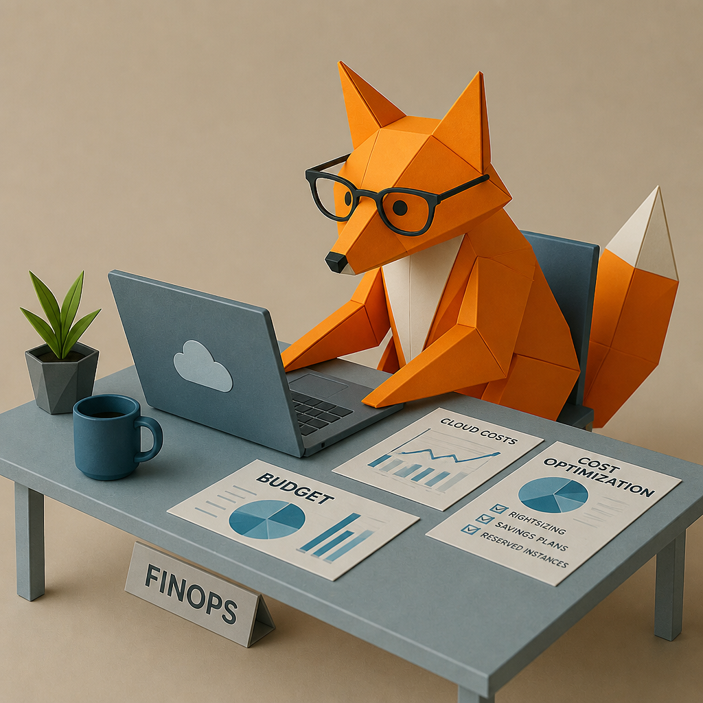 Renard en origami avec des lunettes travaillant sur un ordinateur avec des documents de budgétisation et d'optimisation des coûts cloud sur le bureau.
